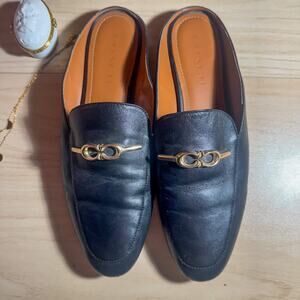 Sienna Loafer, Black Leather with Gold Detail Mule Slides Gold 'C' Logo Hardware